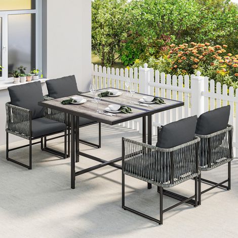 Ensemble de mobilier de jardin en polyrotin, 5 pièces, coin salon gain de place, table et 4 chaises, plateau en résine tressée, coussins, gris (1/5)
