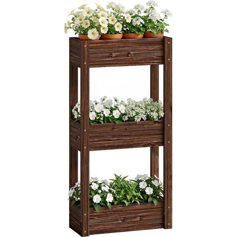Fioriera rialzata su gambe, 3 livelli, con fori di drenaggio e rivestimento interno, 60 x 25 x 120 cm, marrone.