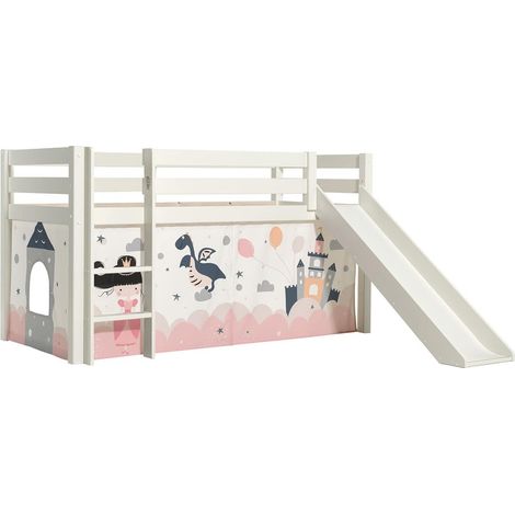 SLEEPY - Lit Mi-Haut Tobogan en Pin Laqué Blanc 90x200cm avec Housse Princesse (1/5)