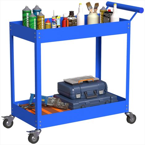 Chariot d'atelier 2 niveaux en acier bleu, poignée latérale, 4 roulettes verrouillables, 84,5x38x84 cm, charge 150 kg (1/5)