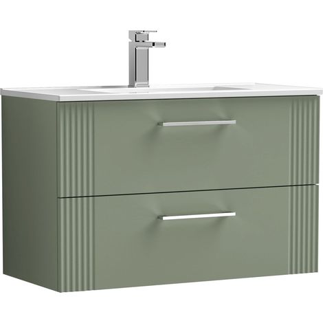 Belvide Partial Fluted 2 Drawer Wall Hung Vanity Unit with 1 Tap Hole Minimalist Basin - 800mm - Green (1/4)
