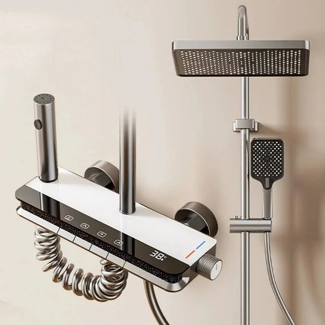 Système de douche, ensemble de douche de salle de bains, baignoire, robinet de douche chaude et froide, lumière LED, robinet numérique en laiton, ensemble de douche, Chaud Froid Blanc (1/5)