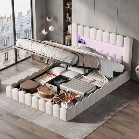 Lit double 160x200 cm avec éclairage LED et Type-C et USB, Lit capitonné avec coffre de rangement avec sommier à lattes en bois, lin (Beige, 160x200 cm) (1/5)
