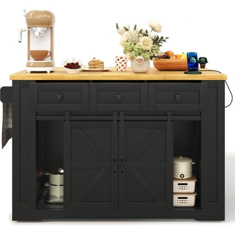 Îlot central de cuisine mobile avec plan de travail rabattable, prises et rangements, MDF noir et bois naturel, 130 x 80 x 87 cm (1/5)