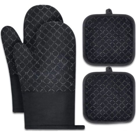Guantes para barbacoa, Manoplas resistentes al calor para horno, Juego de 4, Manoplas para horno, Guantes para horno, Negro (1/5)