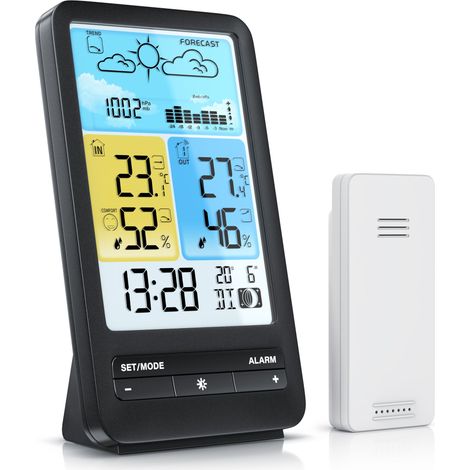 BEARWARE - Wetterstation Funk mit Farbdisplay und Außensensor - DCF Signal - DST - Innen und Außentemperatur - Temperaturwarnung Alarm Frostalarm (1/5)