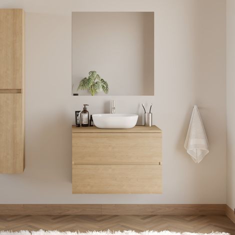 Meuble de salle de bain 70cm avec plateau et vasque à poser arrondie - 2 tiroirs - nebraska (chêne clair) - IDA (1/5)