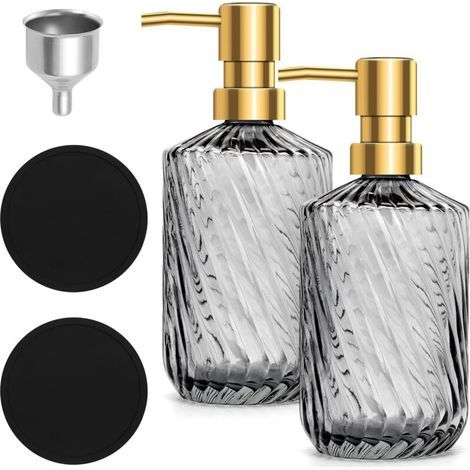 Set di 2 dispenser di sapone in vetro da 450 ml con 2 sottobicchieri neri e 1 imbuto – Dispenser di sapone ricaricabile per cucina e bagno, grigio (1/5)