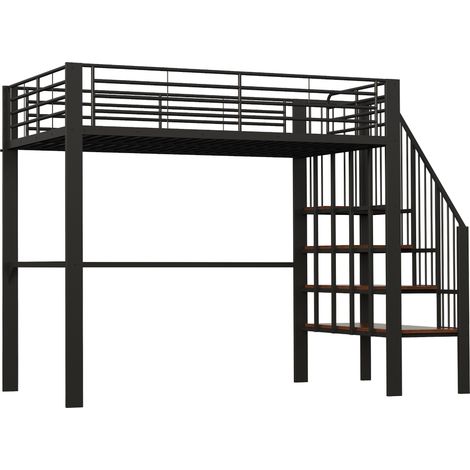Lit mezzanine 140x200 cm, structure métallique robuste, rangement spacieux sous le lit et escalier intégré, parfait pour enfants et adultes, lit avec espace de stockage optimisé. (1/5)