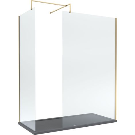 8mm Glass Walk In Wetroom Screens with Brushed Brass Profile and Slate Grey Shower Tray - 1700 x 700mm