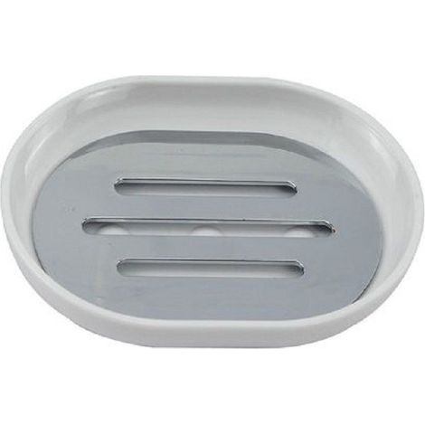 TRADE SHOP - Piattino Porta Sapone Saponetta Bianco Silver Accessori Bagno 12.5x9.5 Cm 69464 - (1/2)