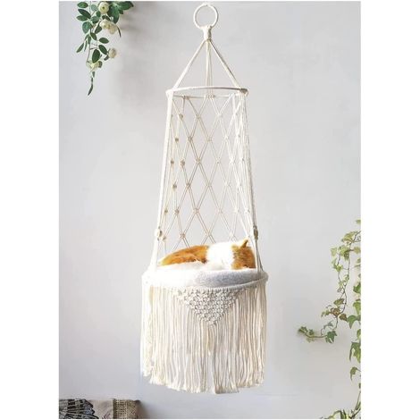 1 Hamac Pour Chat, Tissé Main, Corde Coton, Avec Tapis Peluche, Nid Suspendu Intérieur Extérieur