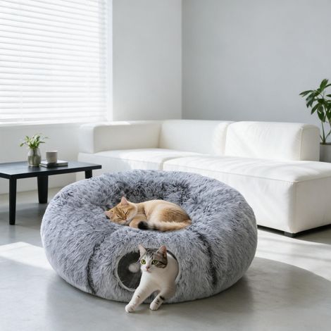 Túnel para gatos de interior combinado con una cama para gatos en forma de rosquilla y un cojín redondo extraíble y lavable. (1/5)