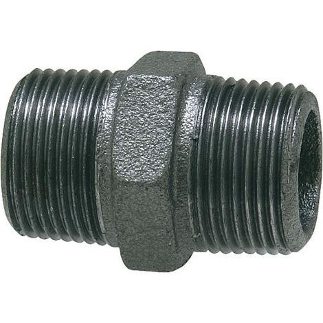 Raccord en fonte malleable, noir 6 pans. Double nipple 1/2" (male/male) Type 280, filet a droite