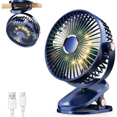 Ventilateur portable à pince, ventilateur de bureau USB, ventilateur personnel avec lumière LED pour la maison et la poussette (bleu) (1/5)