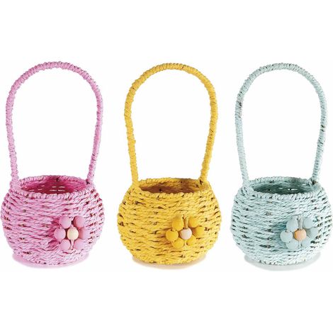 Cestini colorati rosa, azzurri e gialli con manico in carta intrecciata e fiore decorativo in legno, set da 6 pezzi, Ø15,5cmx11H (con manico30)