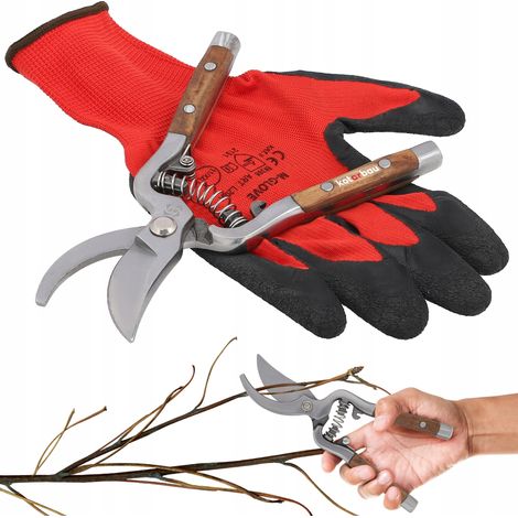 KOTARBAU® Gartenschere für Blumenzweige, Einhandbedienung, Stahl, Holzgriff, Set mit Handschuhen, 20,5 cm (1/5)