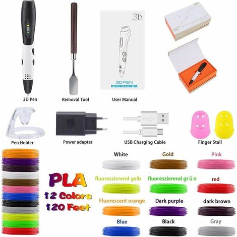 VURAHOME - Stylo 3D + PLA Fliament Set, stylos 3D avec écran LCD + 12 couleurs Φ1.75mm 3D Filament - Total 120ft DIY Cadeau pour Enfants Débutants Adultes Compatible avec 1.75mm ABS/PLA (1/4)