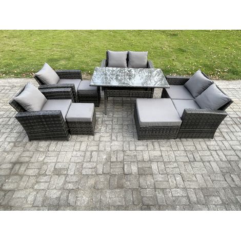 Fimous Polyrattan Gartenlounge Set 8 Stücke Outdoor Gartenmöbel-Set Set mit 3 Fußhockern Dunkelgrau gemischt (1/5)