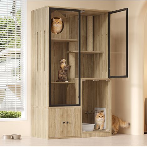 Katzengehege 90x50x160 cm, mehrstöckig mit Kratzsäule und verriegelbarer Tür, MDF und Glas, Natur (1/5)