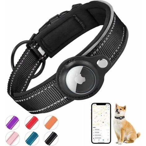 Gepolstertes Hundehalsband für AirTag, Reflektierendes Hundehalsband für Apple AirTag, Integrierter AirTag für kleine, mittlere und große Hunde, [Schwarz - Größe L]