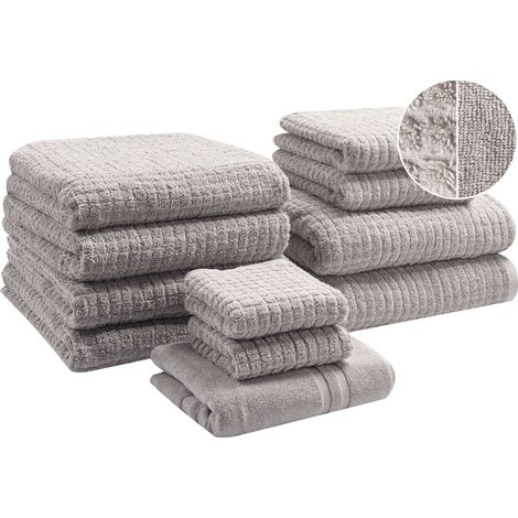 Conjunto de 11 toallas de baño de algodón suave de torsión baja con alfombrilla de baño gris claro Atai (1/5)