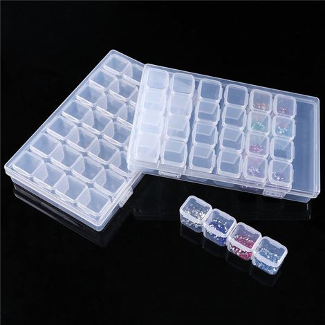 Lot de 2 boîtes de rangement en plastique transparent à 28 compartiments réglables pour bijoux, perles, bagues et boucles d'oreilles, idéales pour la décoration d'ongles. (1/5)