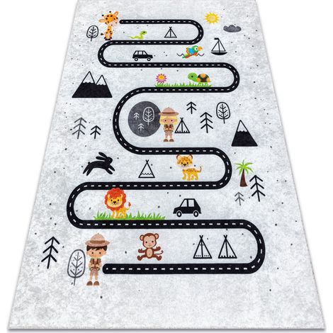 JUNIOR 51490.802 Tiere, Straßen für Kinder Anti-Rutsch - grau grey 120x170 cm