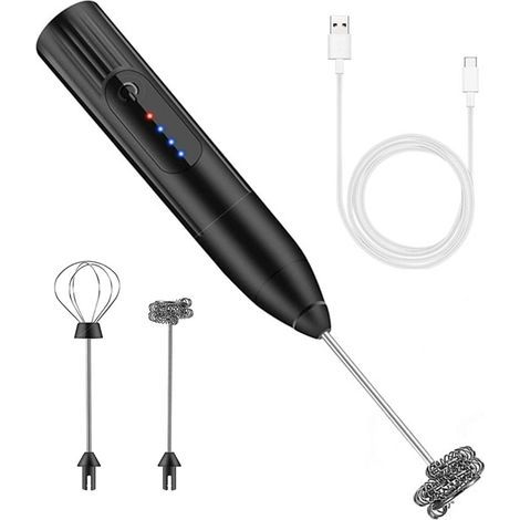 Mélangeur à mousse de lait avec 2 embouts interchangeables, USB, parfait pour cappuccino, latte, chocolat chaud, noir (1/5)