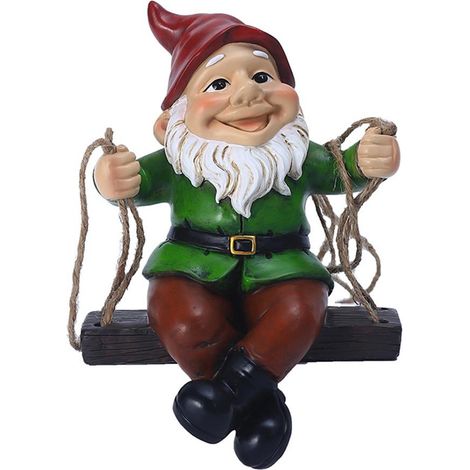 [Décoration de jardin] Statue de Gnome sur Swing, Résine, Dimension 21x13x10cm, Figurine Elfique Peinte Main (1/5)