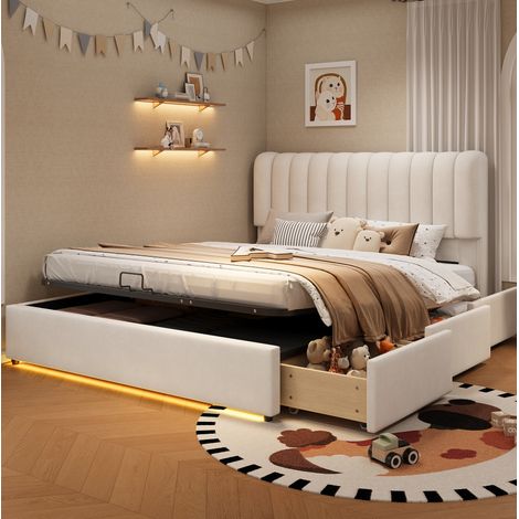 Polsterbett mit Bettkasten 140x200 cm, 3 Schubladen, LED, beiger Samt HAVRYA (1/5)