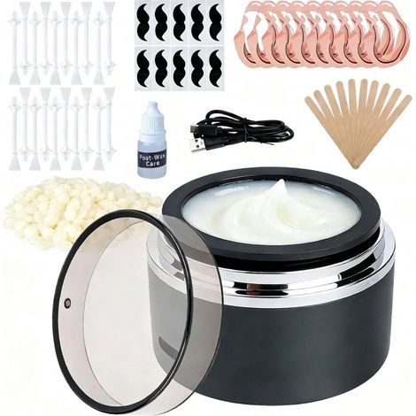 Kit de cire pour poils de nez et oreilles pour homme et femme, avec 100 g de grains de cire, 20 bâtons, chaleur rapide USB, avec mini pot d'épilation, noir (1/5)