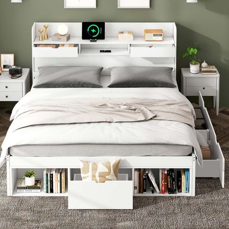 Lit 140x190 cm avec rangement, tiroirs et placards, ports USB et Type-C, sommier à lattes, bois blanc, sans matelas (1/5)