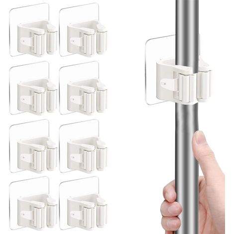 Lot de 8 Supports de Serpillière Auto-Adhésifs, Clips de Rangement Muraux, Clips pour Balai Sans Perçage, pour Salle de Bain, Cuisine, Bureau, Placard, Jardin, Buanderie, Rangement D'outils- Blanc (1/5)