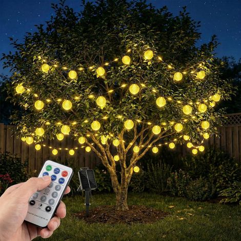 Guirlande lumineuse solaire extérieure, 17M 100 LED avec 25 lampes ananas, 8 modes avec télécommande, étanche IP67, pour extérieur, terrasse, balcon, mariage, fête, jardin, blanc chaud (1/5)