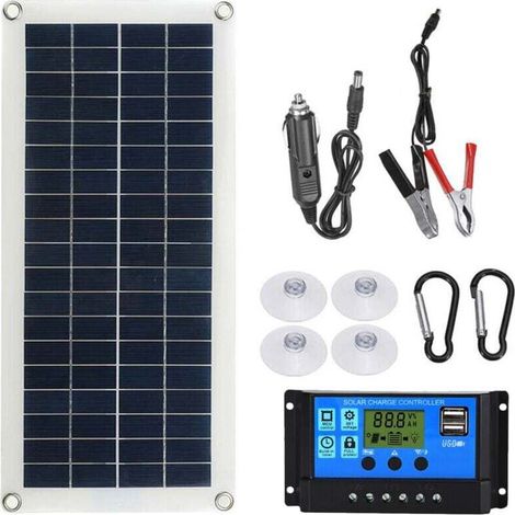 Kit de panneau solaire Flexible Portable 20W, commutateur 12V, carte d'interface de charge USB avec contrôleur 300W, cellules étanches pour téléphone, camping-car, voiture (1/4)