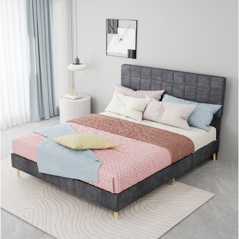 Doppelbett 140x200 cm grau aus Samt mit gepolstertem Karokopfteil und Holzfüßen (1/5)