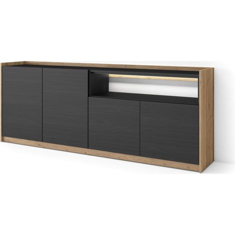 Skraut Home - Credenza, Mobile, Cucina, Madia, mobile ingresso, 207x37x80cm, 4 Porte, LED, Stile moderno, Nero e rovere (1/5)