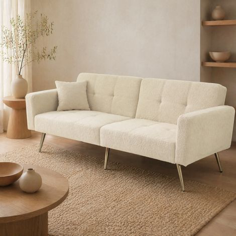 Divano letto 2 posti 175x64x72 cm in tessuto teddy beige, reclinabile per soggiorno FloraGrace (1/5)