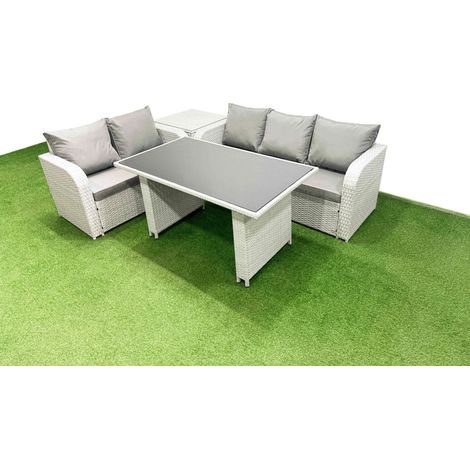 Fimous Garden Furniture Set PE Ratten Garden Sofa Set with Rectangular Dining Table Side Table Light Grey (1/4)