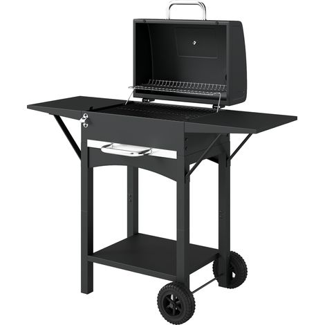 Holzkohlegrill mit 2 Seitenablagen, Thermometer, Deckel und Rädern, 110 x 46,5 x 101 cm, Schwarz