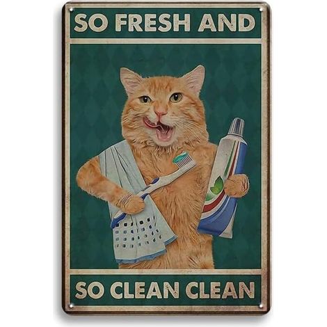 Décoration Murale de Salle de Bain à Chat, Plaques de Chat, Cadeaux pour les Amateurs de Chats, Chat Orange Se Brossant les Dents et Se Lavant le Visage, Décoration de Salle de Bain Bizarre, 30x20 Cm (1/5)