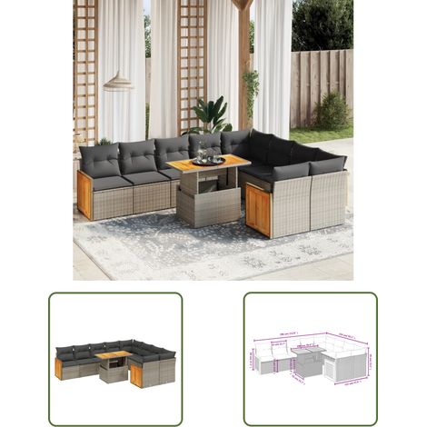 The Living Store 10-tlg. Garten-Sofagarnitur mit Kissen Grau Poly Rattan - Gartensorte - Outdoor Möbel - Lounge Set - Esszimmergarnitur - Gartenmöbelset