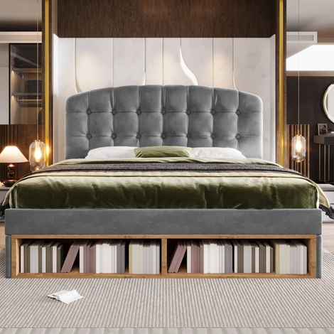 Lit double 140x200 capitonné en velours gris, tête de lit réglable, rangements et tiroirs (1/5)