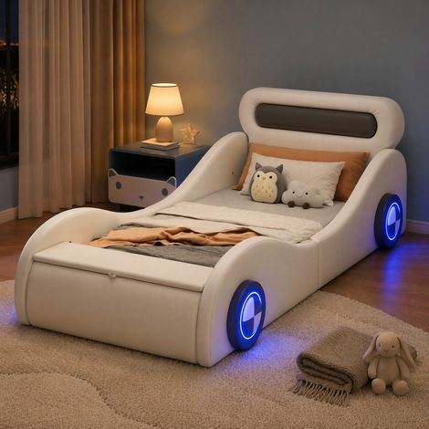 Lit simple 90x200 voiture avec rangement PU blanc HAVRYA (1/5)
