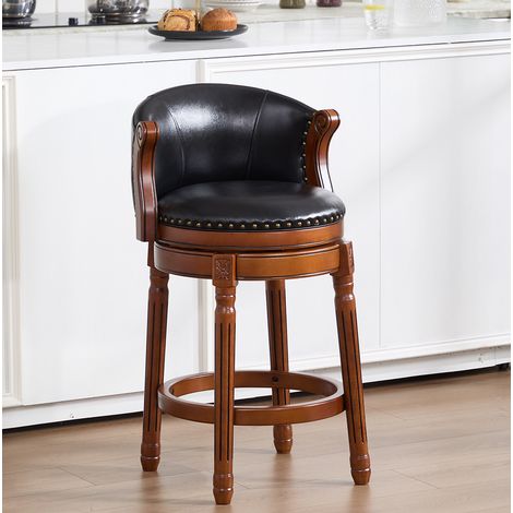 Tabouret de bar pivotant 360° en cuir noir et bois, dossier haut, 26 pouces, REDOM (1/5)