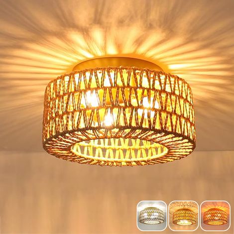 Plafonnier en rotin, lustre bohème, suspension avec ampoule, lustre de plafond de style Wabi-sabi, 3 températures de couleur (3000K-6000K) (1/5)