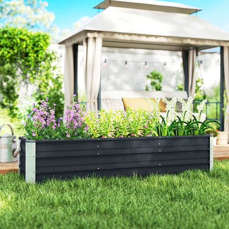 Bac jardinier en terre surélevée en acier XXL gris foncé avec gants, 183 x 47 x 40cm pour les légumes et les fleurs
