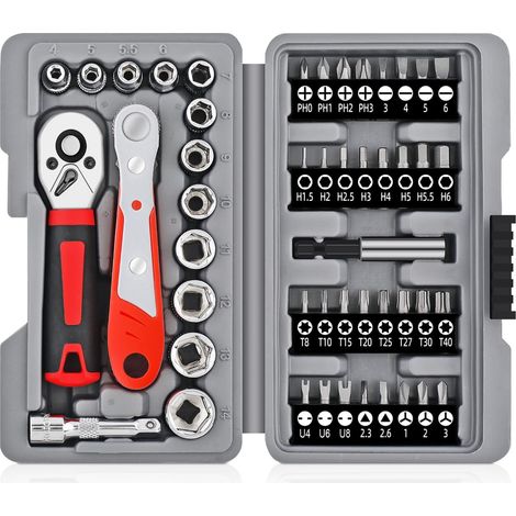 Coffret de 48 pièces comprenant une clé à cliquet 1/4 pouce, des embouts de tournevis, une rallonge de 2 pouces et un adaptateur magnétique pour embouts. (1/5)
