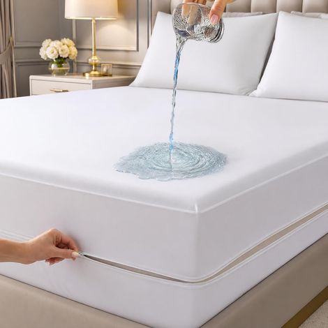 Housse de matelas imperméable de qualité supérieure - Anti-punaises de lit et acariens - Protège-matelas zippé pour petit lit double (122 x 190 + 30 cm) (1/5)